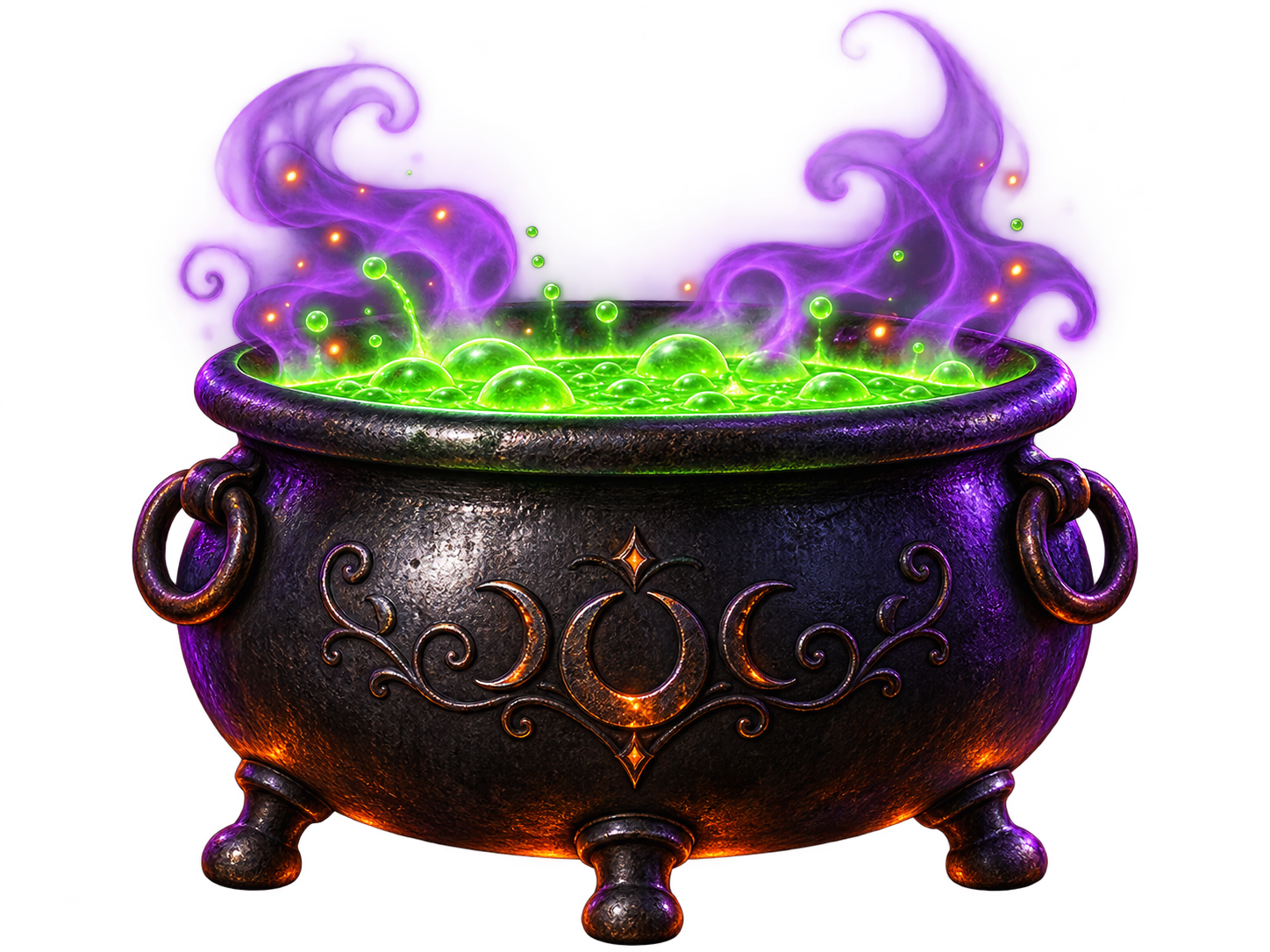 A witch’s cauldron bubbling with luminous green potion and purple mist